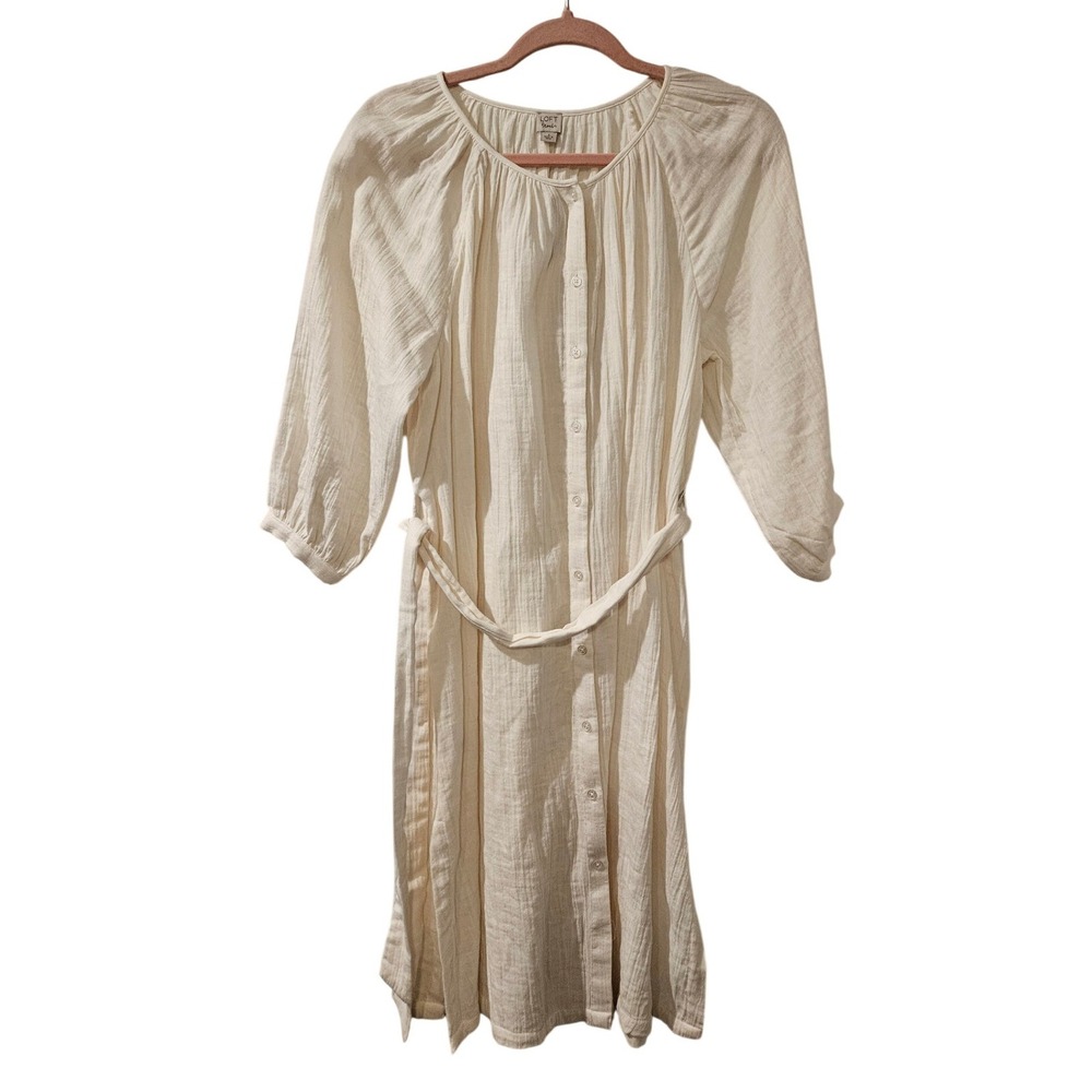 Ann Taylor LOFT Beach Cream Cotton Button-Front Belted Dress |‎ Size Small | NWT